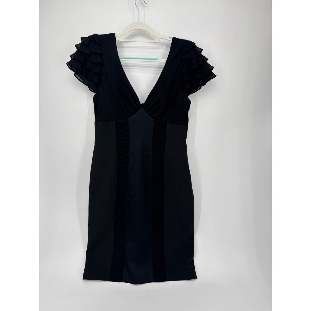 KAREN MILLEN Cocktail Dress Womens 10 BLACK CREPE RUFFLE FRILL